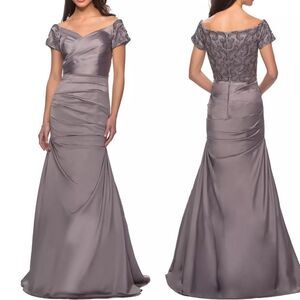 La Femme 25996 Pleated‎ Satin Evening Gown Silver Size 8 NWT $498
